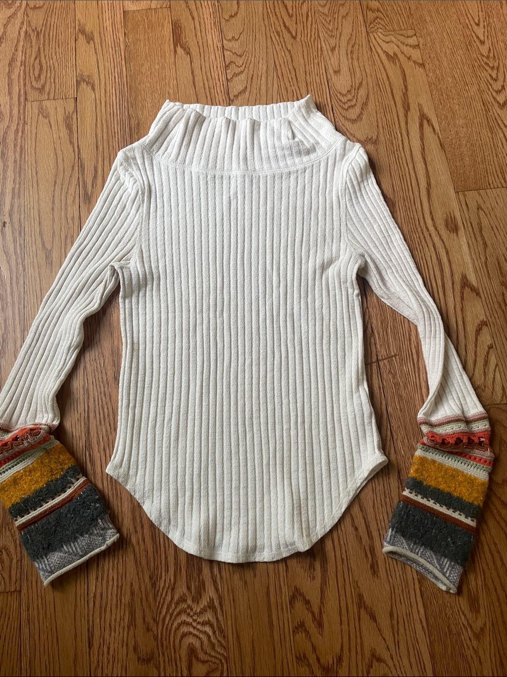Free People Cream Ribbed Turtleneck Sweater with Patterned Bell Cuffs